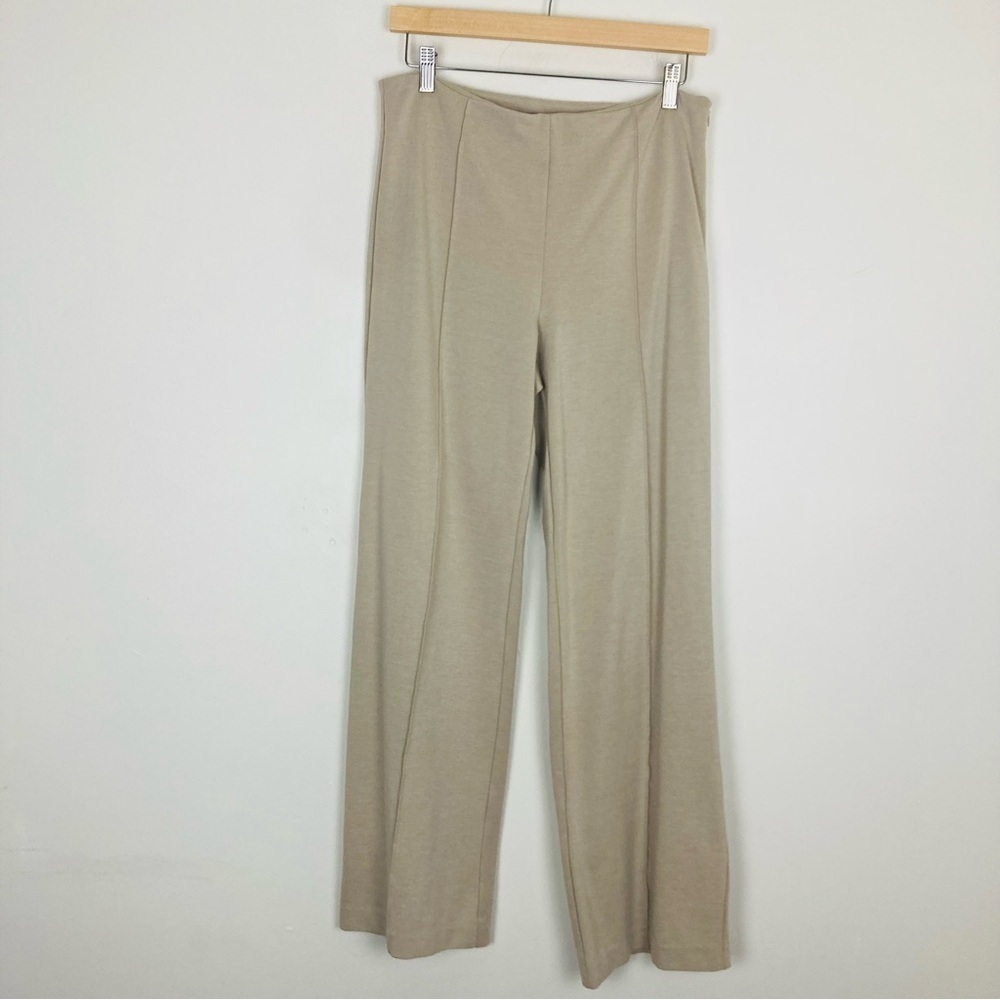 J. McLaughlin tan wide leg ponte pant with side zip, and front seam. Size 10
